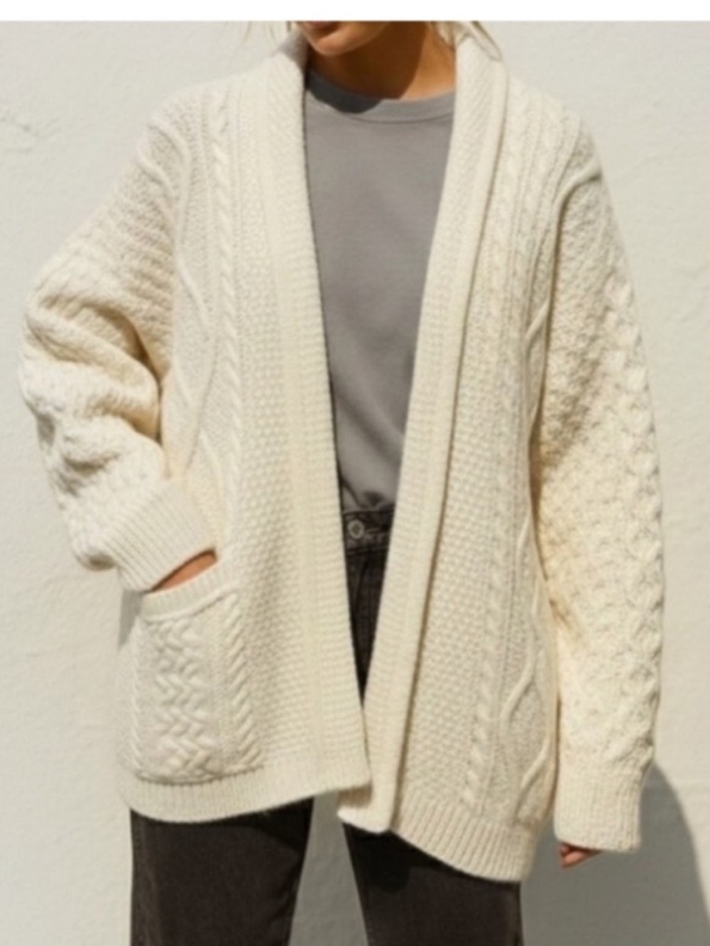 Aran Mor 100% Wool Open Front Cardigan Size Small Cream Cable Knit